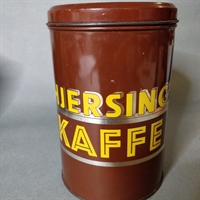 brun metaldåse gul tekst hjersing's kaffe gammel kaffedåse blikdåse genbrug